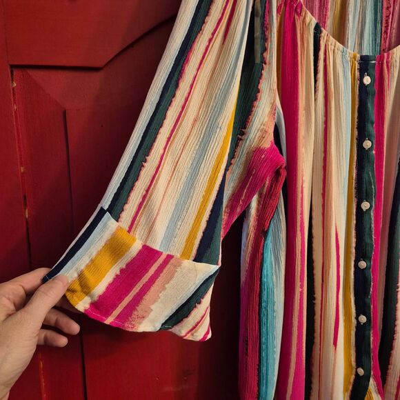 Zac & Rachel XL Bright Striped Spring Rayon Shirt Flare Cuff Pink Button EUC - Picture 3 of 3